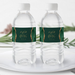 Modern Emerald Green Gold Agate Wedding Water Bottle Label