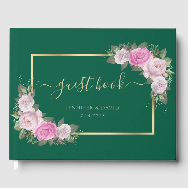 Modern Emerald Green Gold Blush Floral Wedding Guest Book (Front)
