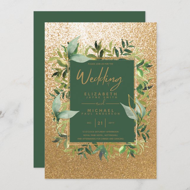 Modern Emerald Green Gold Greenery Wedding Invites (Front/Back)