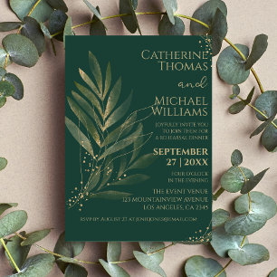 Modern Emerald Green Gold Leaf Rehearsal Dinner Invitation