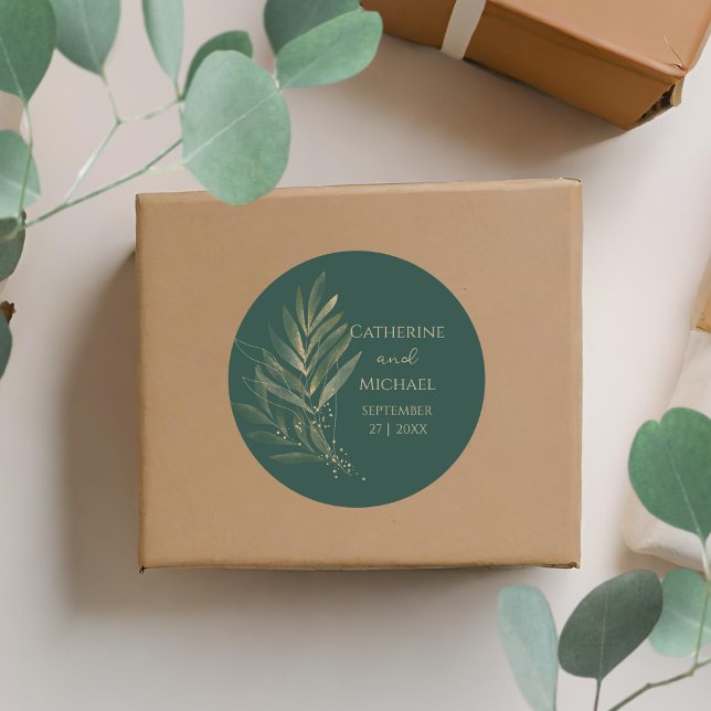 Modern Emerald Green Gold Leaf Wedding Monogram Classic Round Sticker (Creator Uploaded)