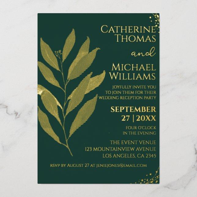Modern Emerald Green Gold Leaf Wedding Reception (Front)