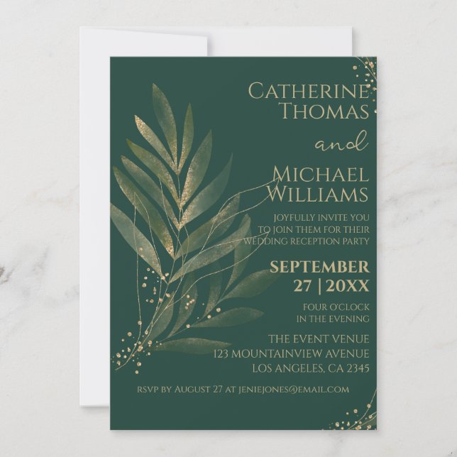 Modern Emerald Green Gold Leaf Wedding Reception Invitation (Front)