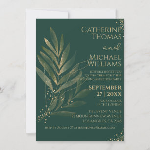 Modern Emerald Green Gold Leaf Wedding Reception Invitation