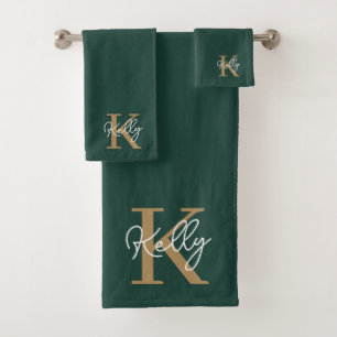 Modern Emerald Green Gold Monogram Script Bath Towel Set