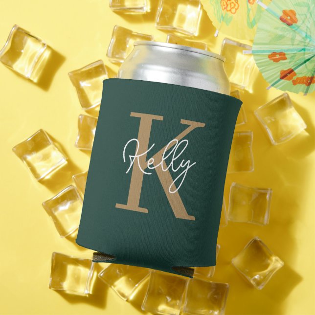 Modern Emerald Green Gold Monogram Script Can Cooler (In Situ Summer)