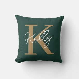 Modern Emerald Green Gold Monogram Script Cushion