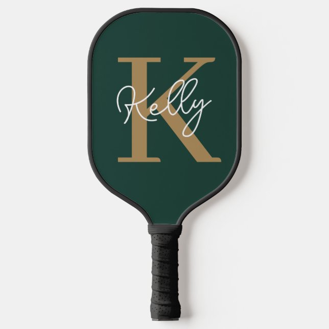 Modern Emerald Green Gold Monogram Script Pickleball Paddle (Front)