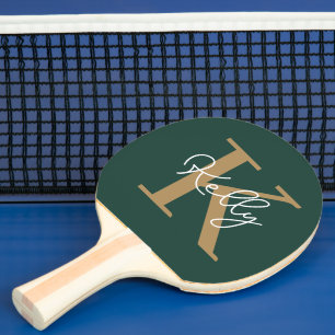 Modern Emerald Green Gold Monogram Script Ping Pong Paddle