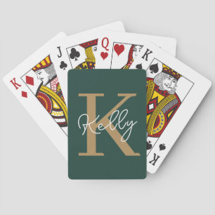 Modern Emerald Green Gold Monogram Script Playing Cards