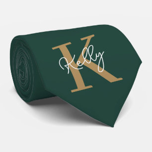 Modern Emerald Green Gold Monogram Script Tie