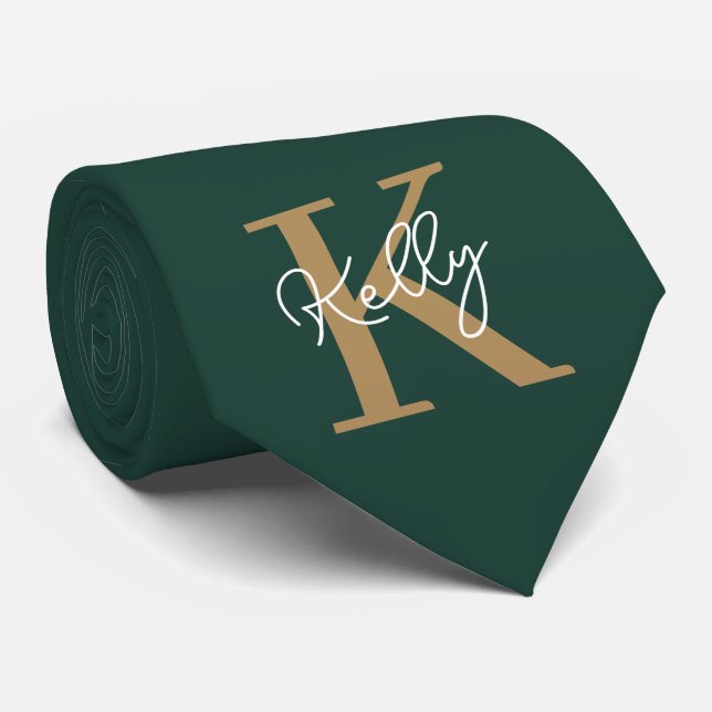 Modern Emerald Green Gold Monogram Script Tie (Rolled)