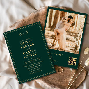Modern Emerald Green Gold Photo QR Code Wedding Invitation