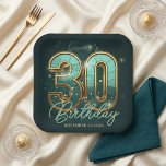 Modern Emerald Green Gold Typography 30th Birthday Paper Plate<br><div class="desc">Elevate your milestone celebration with these sophisticated emerald green and gold 30th birthday paper plates. Featuring a striking, modern 3D-effect "30" in metallic gold and aqua tones, this layout is set against a deep teal background accented with festive bokeh sparkles and light-refracting details. Perfect for a man’s or woman’s birthday...</div>
