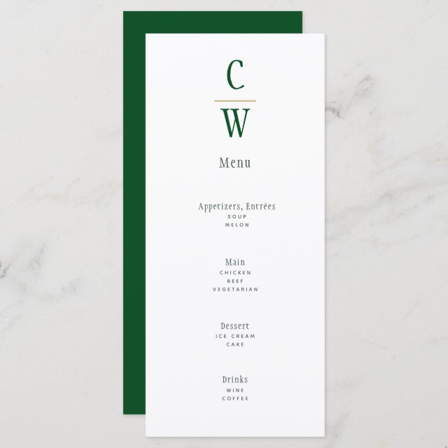 Modern Emerald Green Gold Wedding Monogrammed Menu (Front/Back)