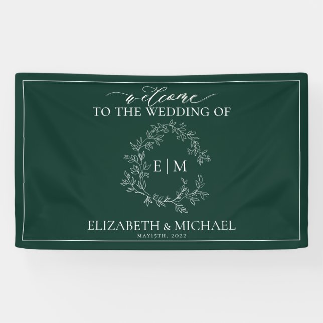 Modern Emerald Green Leafy Crest Monogram Wedding Banner (Horizontal)