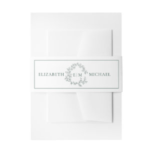Modern Emerald Green Leafy Crest Monogram Wedding Invitation Belly Band