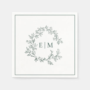 Modern Emerald Green Leafy Crest Monogram Wedding Napkin