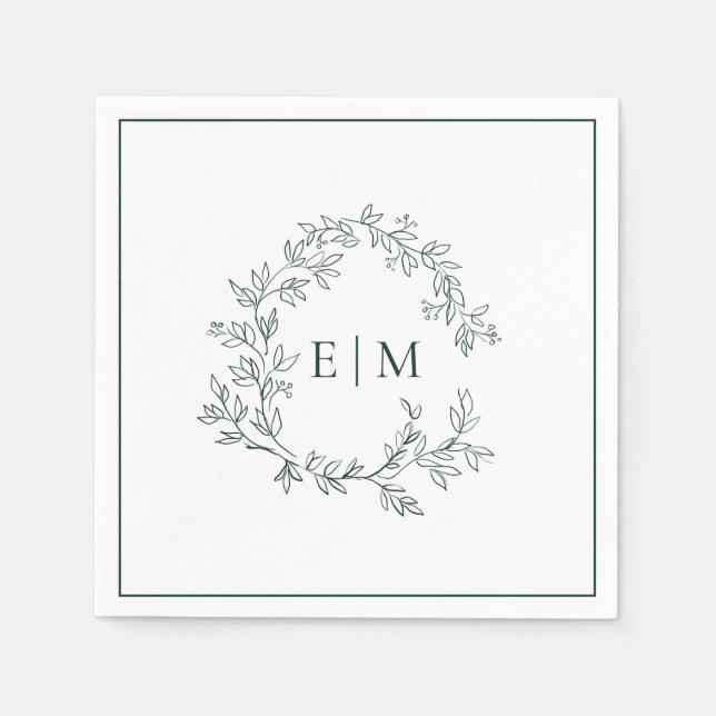 Modern Emerald Green Leafy Crest Monogram Wedding Napkin (Front)