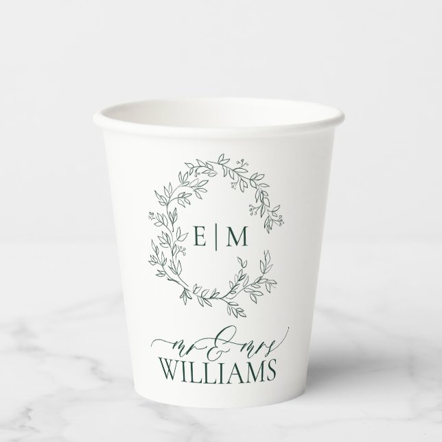 Modern Emerald Green Leafy Crest Monogram Wedding Paper Cups (Front)