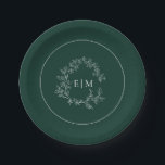 Modern Emerald Green Leafy Crest Monogram Wedding Paper Plate<br><div class="desc">A unique wedding paper plate! We're loving this trendy, modern emerald green wedding design! Simple, elegant, and oh-so-pretty, it features a hand drawn leafy wreath encircling a modern wedding monogram. It is personalised in elegant typography. Finally, it is trimmed in a delicate frame. View suite here: https://www.zazzle.com/collections/emerald_green_leafy_crest_monogram_wedding-119957580948924617 Contact designer for...</div>