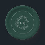 Modern Emerald Green Leafy Crest Monogram Wedding Paper Plate<br><div class="desc">A unique wedding paper plate! We're loving this trendy, modern emerald green wedding design! Simple, elegant, and oh-so-pretty, it features a hand drawn leafy wreath encircling a modern wedding monogram. It is personalised in elegant typography. Finally, it is trimmed in a delicate frame. View suite here: https://www.zazzle.com/collections/emerald_green_leafy_crest_monogram_wedding-119957580948924617 Contact designer for...</div>