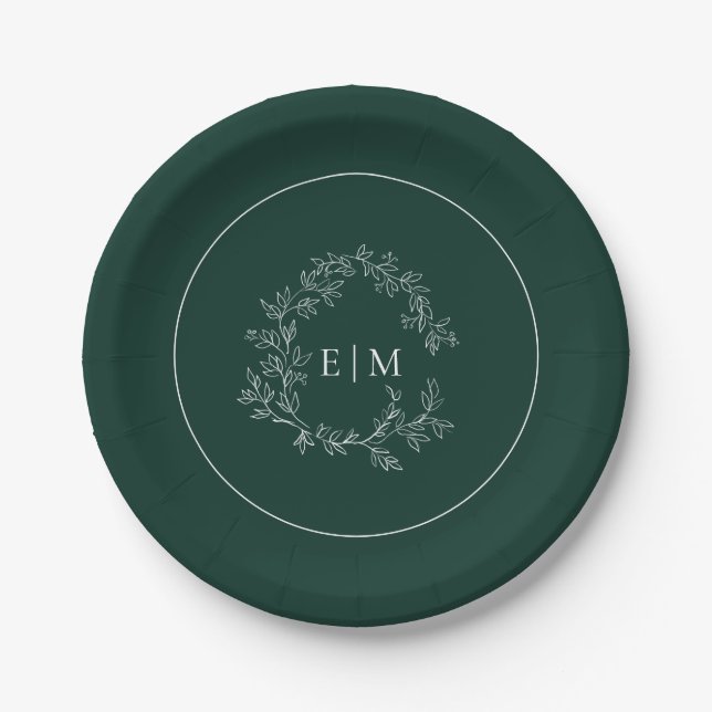Modern Emerald Green Leafy Crest Monogram Wedding Paper Plate (Front)