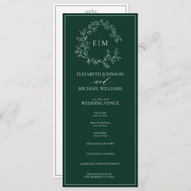 Modern Emerald Green Leafy Crest Monogram Wedding Programme (Front/Back)