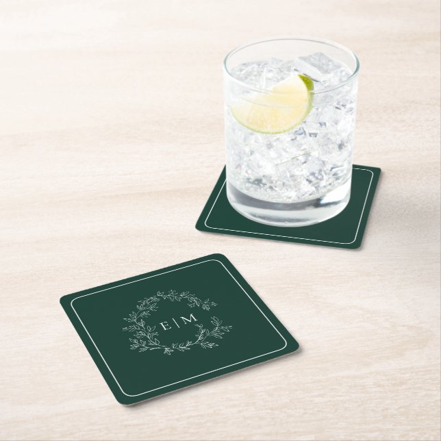 Modern Emerald Green Leafy Crest Monogram Wedding Square Paper Coaster (Insitu)