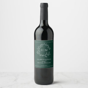 Modern Emerald Green Leafy Crest Monogram Wedding Wine Label