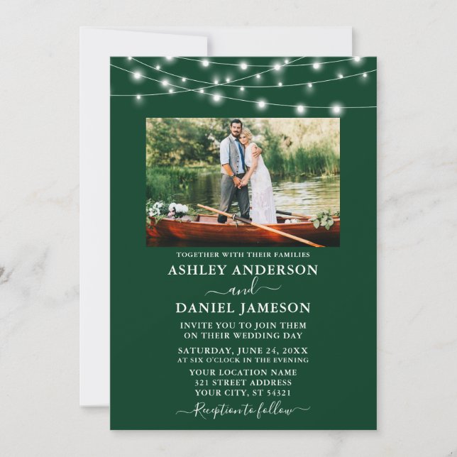 Modern Emerald Green Lights Photo Wedding Invitation (Front)