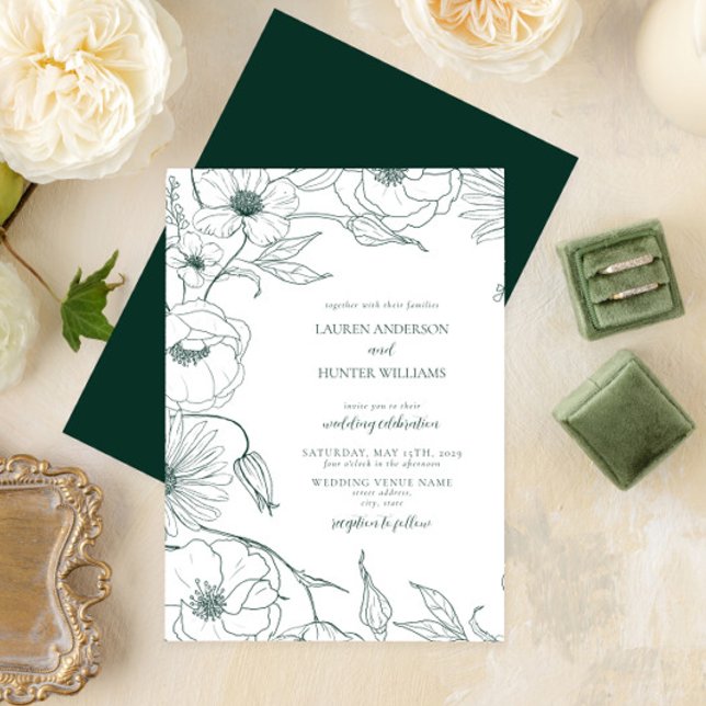 Modern Emerald Green Line Art Floral Wedding Invitation (Creator Uploaded)