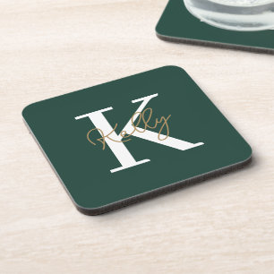 Modern Emerald Green Monogram Script Coaster