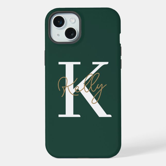 Modern Emerald Green Monogram Script iPhone Case (Back)
