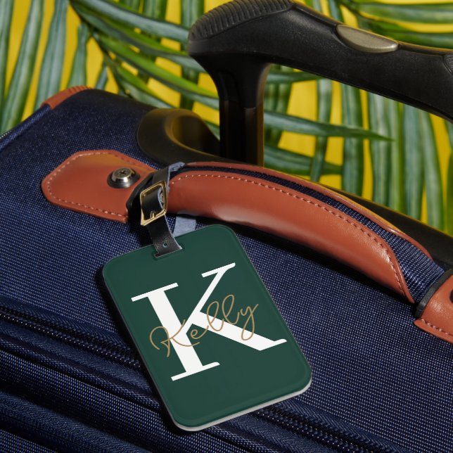 Modern Emerald Green Monogram Script Luggage Tag (Front Insitu 1)