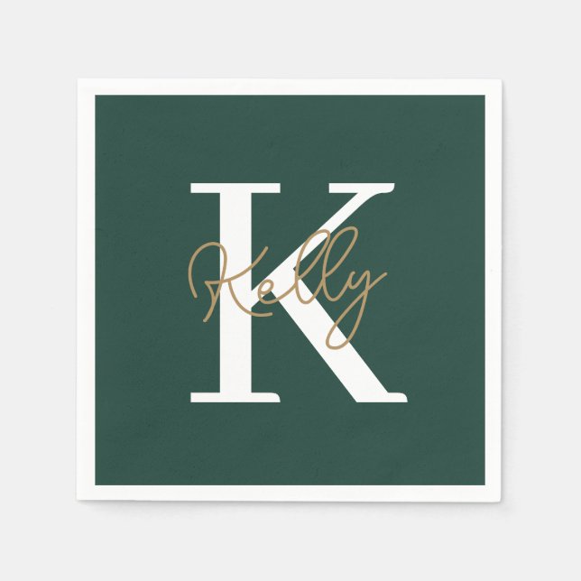 Modern Emerald Green Monogram Script Napkin (Front)