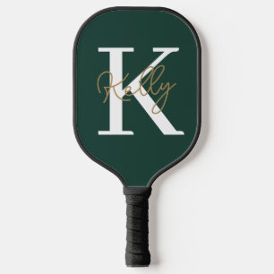 Modern Emerald Green Monogram Script Pickleball Paddle