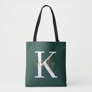 Modern Emerald Green Monogram Script Tote Bag