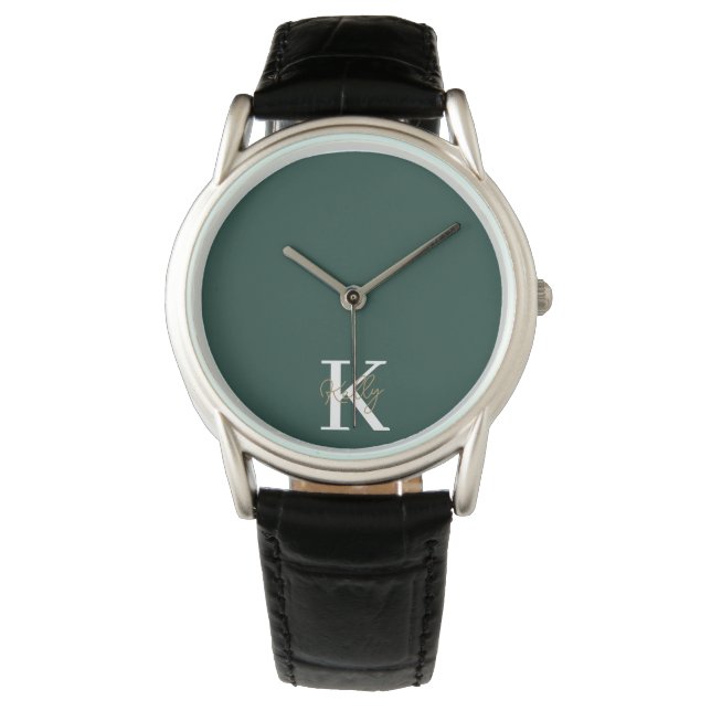 Modern Emerald Green Monogram Script Watch (Front)