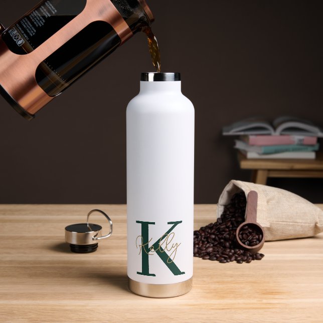 Modern Emerald Green Monogram Script Water Bottle (Coffee)