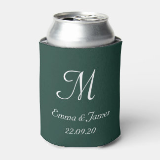 Modern Emerald Green Monogram Wedding Party Favor Can Cooler