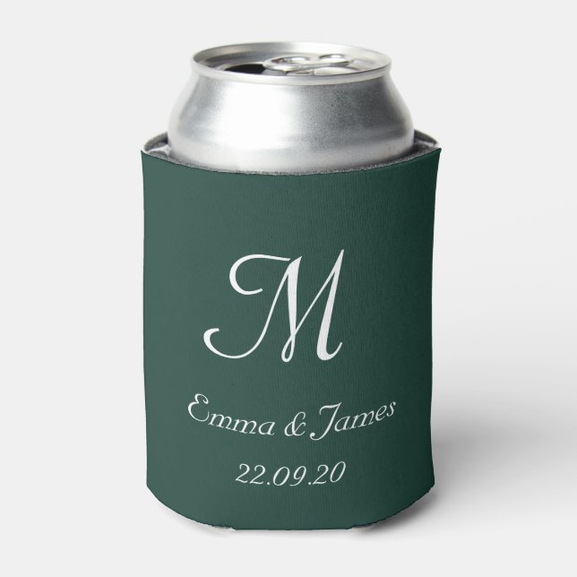 Modern Emerald Green Monogram Wedding Party Favour Can Cooler (Can Front)