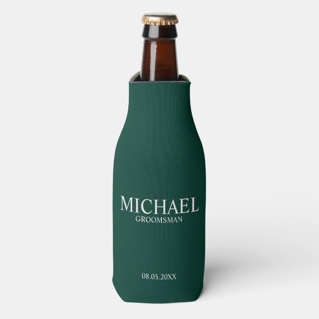 Modern Emerald Green Personalised Groomsman Bottle Cooler (Bottle Front)