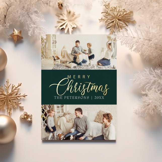 Modern Emerald Green Photo Collage Christmas Gold (Modern Emerald Green Photo Collage Christmas Gold Foil Holiday Card on a table with Christmas decor)