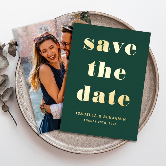 Modern Emerald Green Photo Save The Date Gold (Modern Emerald Green Photo Save The Date Gold Foil Invitation)