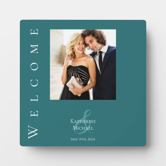 Modern Emerald Green-Photo Wedding-Table Sign- Plaque (Front)