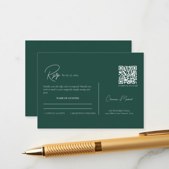 Modern Emerald Green QR Code Script Wedding RSVP Enclosure Card (Front/Back In Situ)