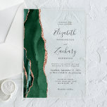 Modern Emerald Green Rose Gold Agate Wedding Acrylic Invitations<br><div class="desc">The left-hand edge of this elegant modern wedding invitation features an emerald green watercolor agate border trimmed with faux rose gold glitter. The customisable text combines handwriting,  copperplate and italic fonts in charcoal grey on a clear background.</div>