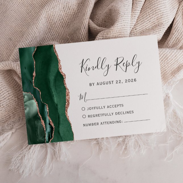 Modern Emerald Green Rose Gold Agate Wedding RSVP Card (Creator Uploaded)