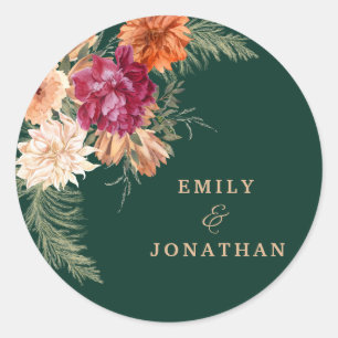 Modern Emerald green rustic floral fall wedding Classic Round Sticker